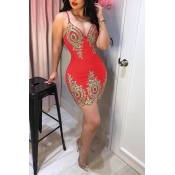 Lovely Sexy Printed Red Mini Dress(With Elastic)