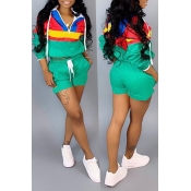 Lovely Casual Patchwork Green Two-piece Shorts Set