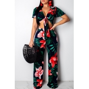 Lovely Fashion Floral Print Red Two-piece Pants Se