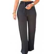 Lovely High Waist Lace-up Black Pants(With Elastic
