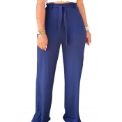 Lovely High Waist Lace-up Blue Pants(With Elastic)