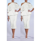 Lovely Trendy Dew Shoulder White Two-piece Skirt S