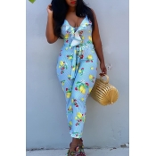 Lovely Stylish Print Ruffle Design Light Blue Jump