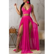 Lovely Casual High Slit Rose Red Chiffon Two-piece