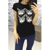 Lovely Casual Cat Printed Black T-shirt