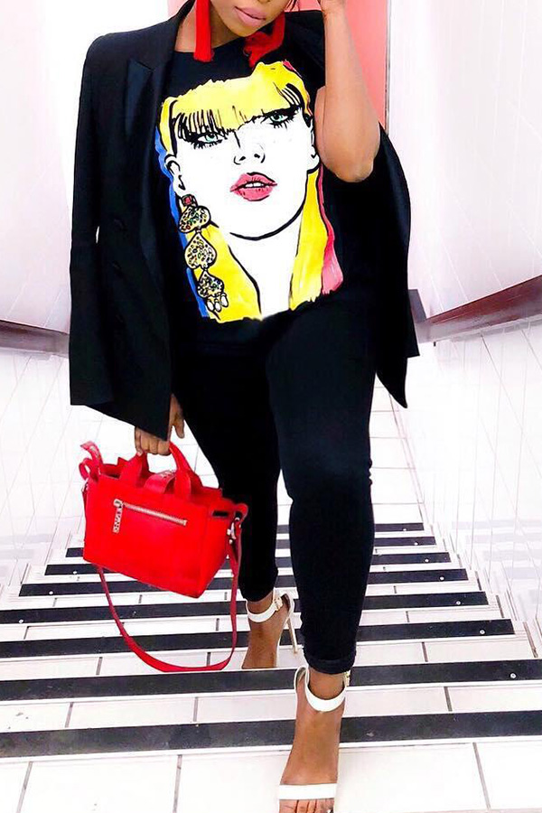 

Lovely Casual Cartoon Printed Black T-shirt