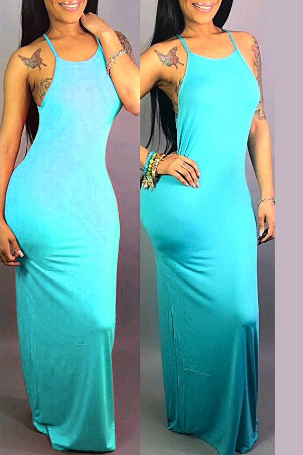 

Lovely Casual Spaghetti Strap Cyan Floor Length Dress