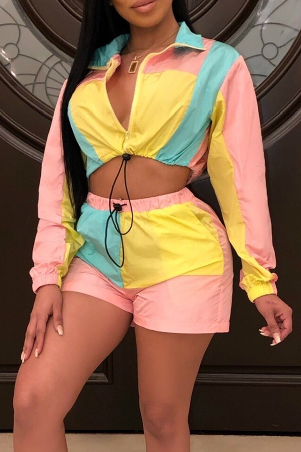 

Lovely Casual Patchwork Light Pink Two-piece Shorts Set