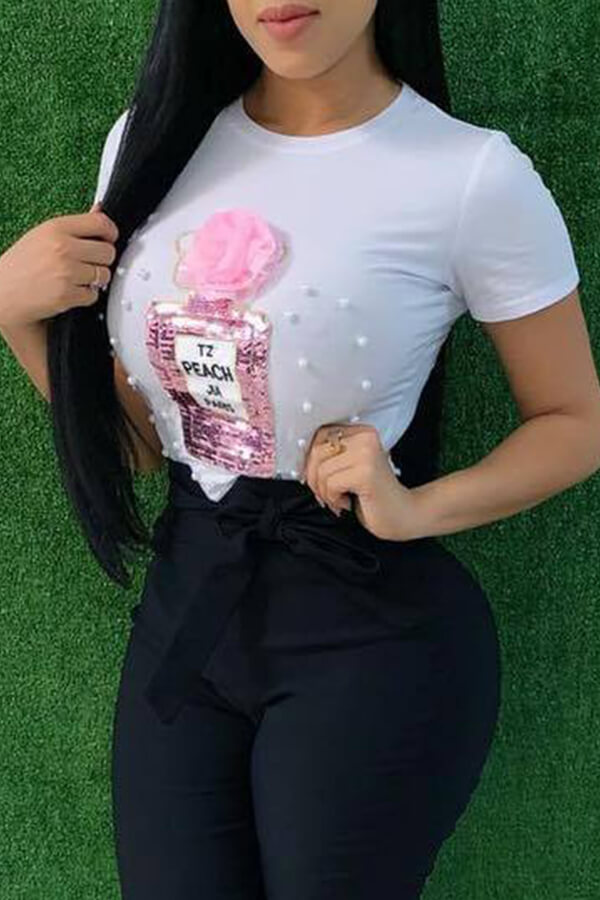 

Lovely Casual Sequined Decorative White T-shirt