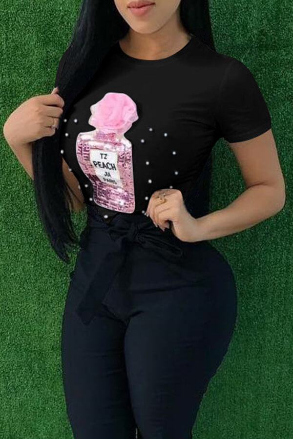 

Lovely Casual Sequined Decorative Black T-shirt