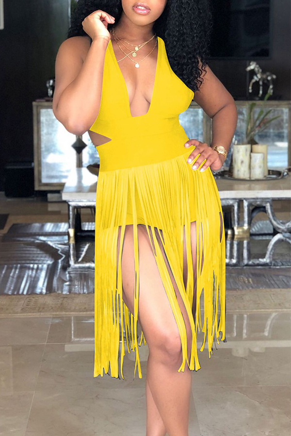 

Lovely Sexy Tassel Design Yellow One-piece Romper