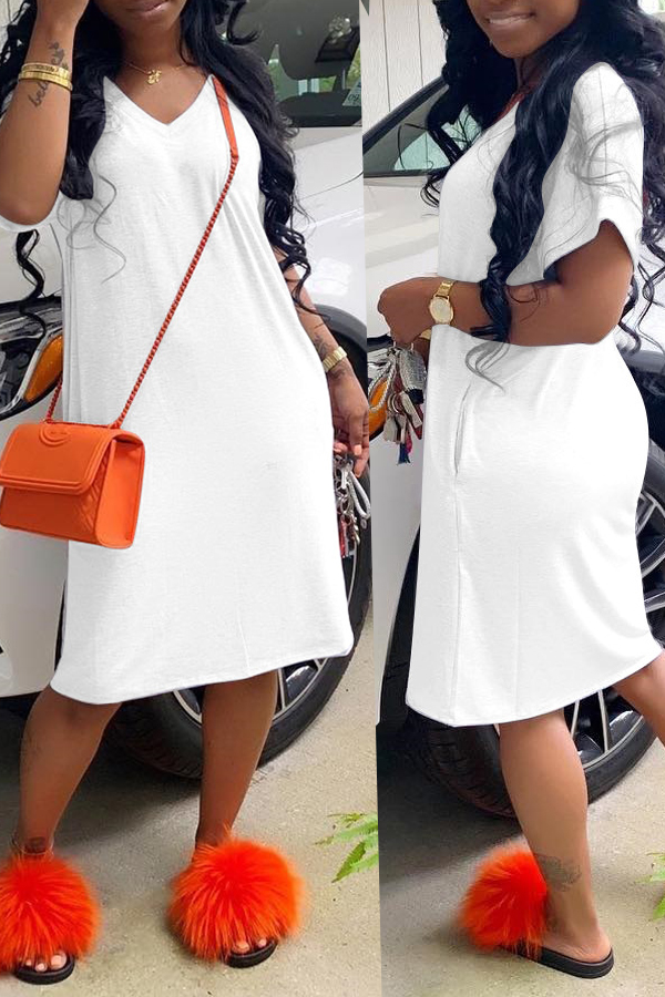 

Lovely Casual Loose Straight White Knee Length Dress