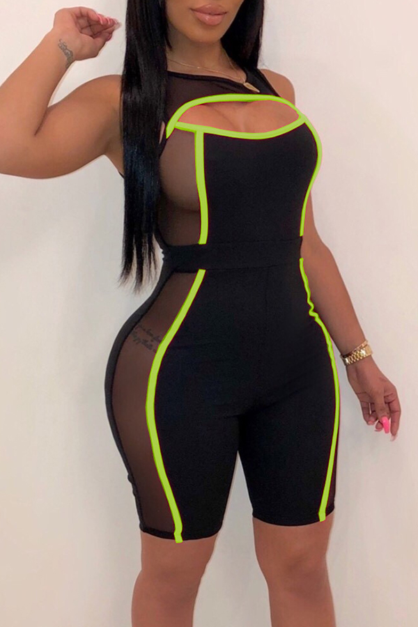 

Lovely Casual Mesh Patchwork Green One-piece Romper