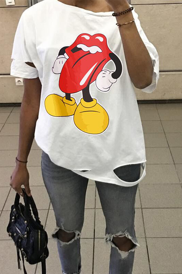 

Lovely Casual Printed Broken Holes White T-shirt