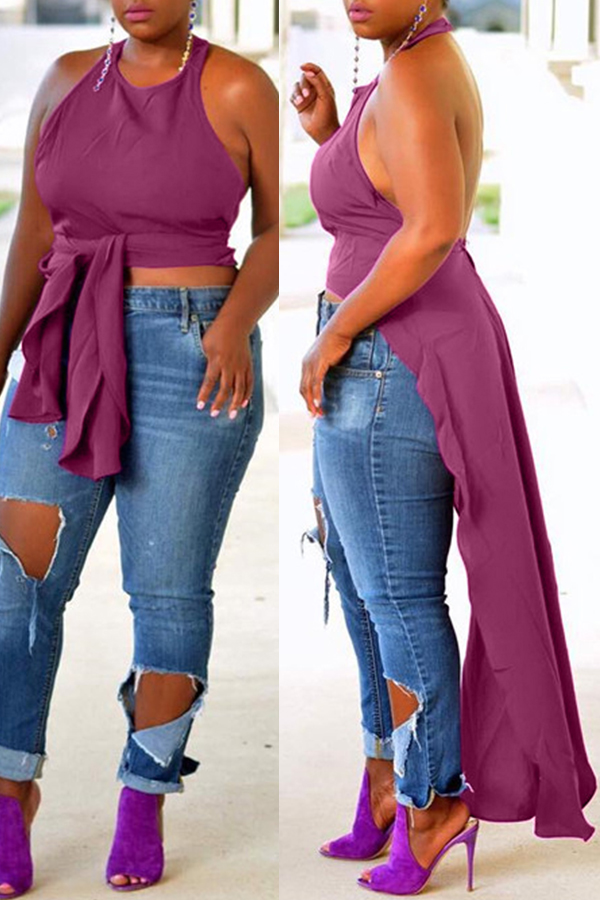 

Lovely Sexy Backless Purple Blouse