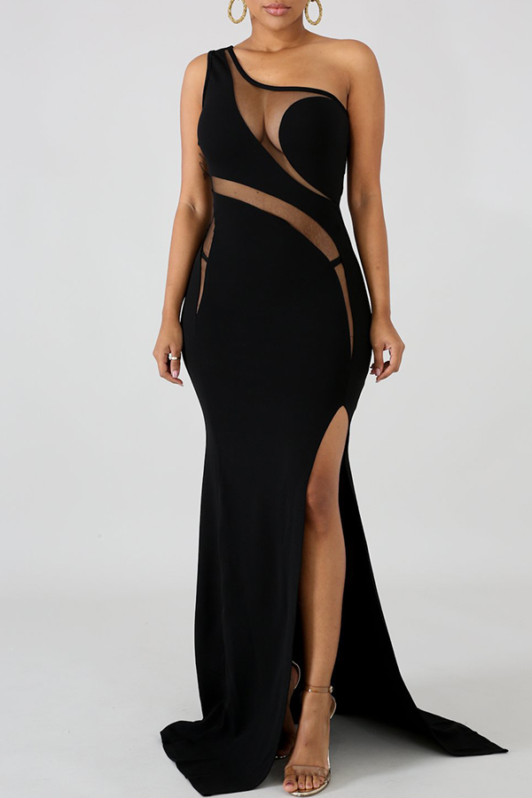 

Lovely Off The Shoulder Mesh Patchwork Black Floor Length Dress(With Elastic)