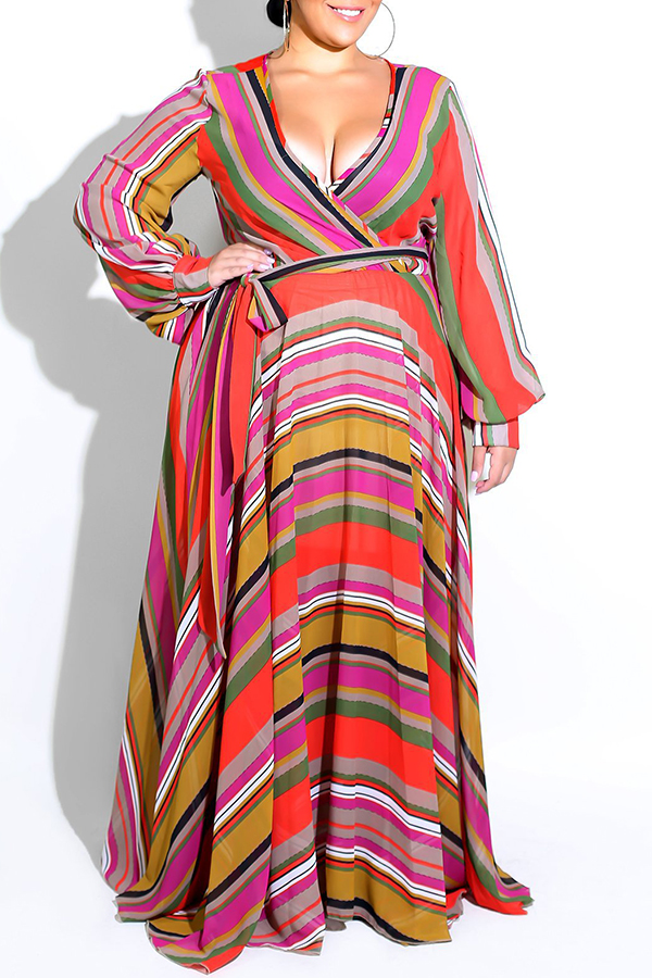 

Lovely Hot V Neck Striped Red Floor Length Dress(With Elastic)
