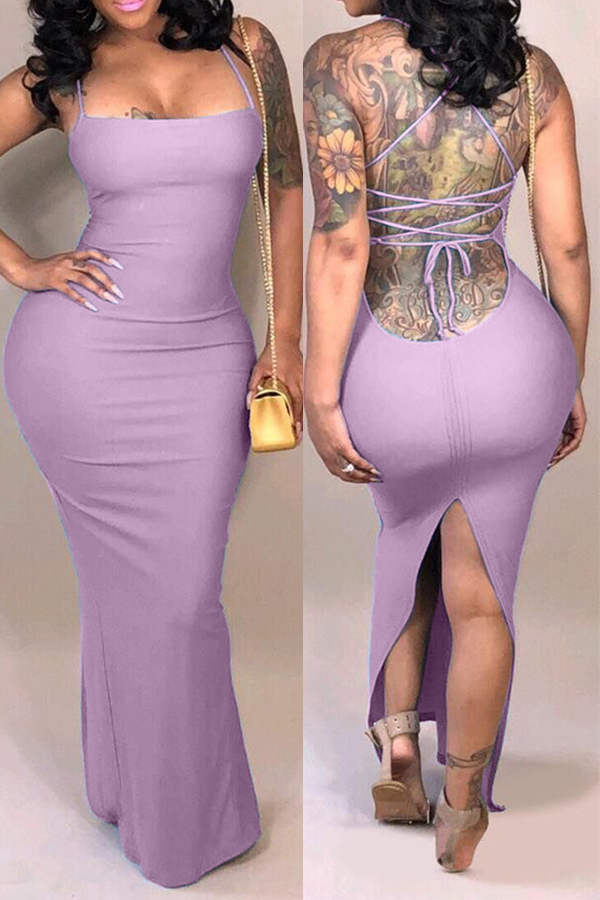 

Lovely Casual Backless Light Purple Ankle Length Dress