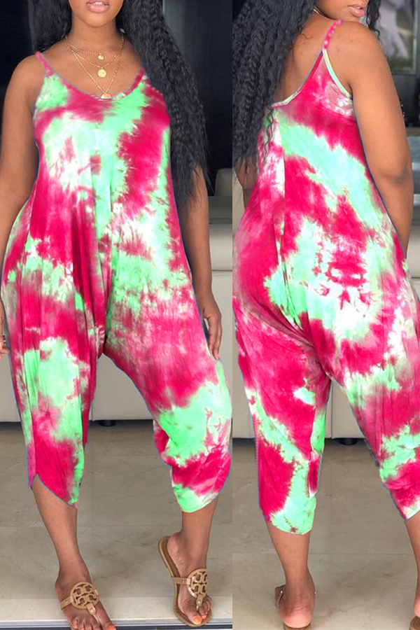 

Lovely Bohemian Printed Rose Red Loose One-piece Romper(With Elastic)