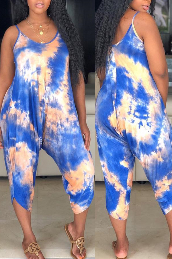 

Lovely Bohemian Printed Blue Loose One-piece Romper(With Elastic)