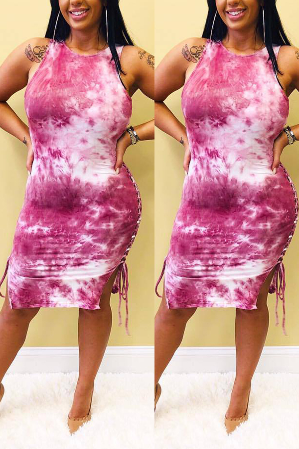 

Lovely Casual Lace-up Printed Light Purple Knee Length Dress(With Elastic)