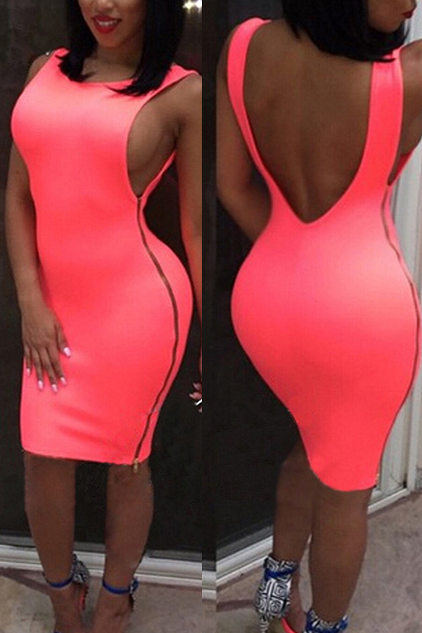 

Lovely Sexy Backless Pink Knee Length Dress(With Elastic)