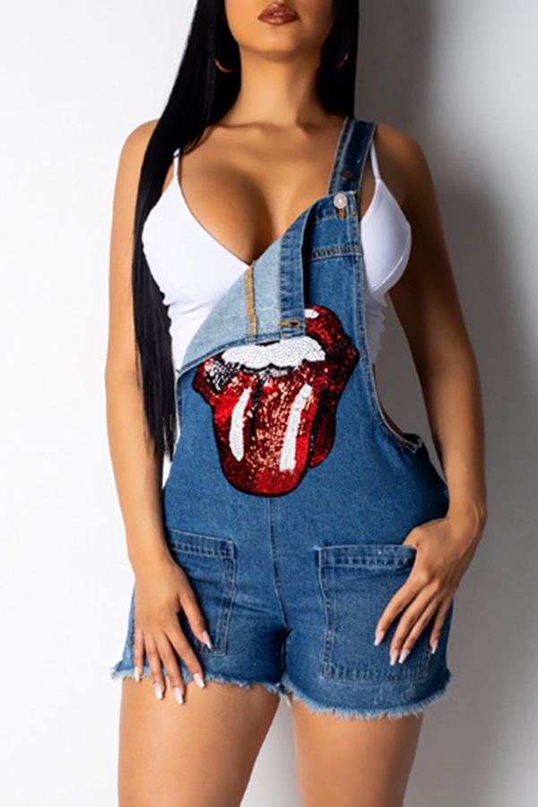

Lovely Casual Lip-shape Printed Blue Denim One-piece Romper