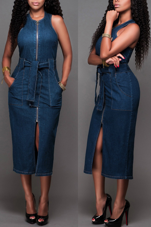 

Lovely Casual O Neck Zipper Design Blue Dress