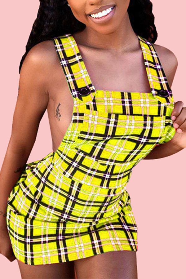 

Lovely Sexy U Neck Backless Plaid Yellow Mini A Line Dress(With Elastic)