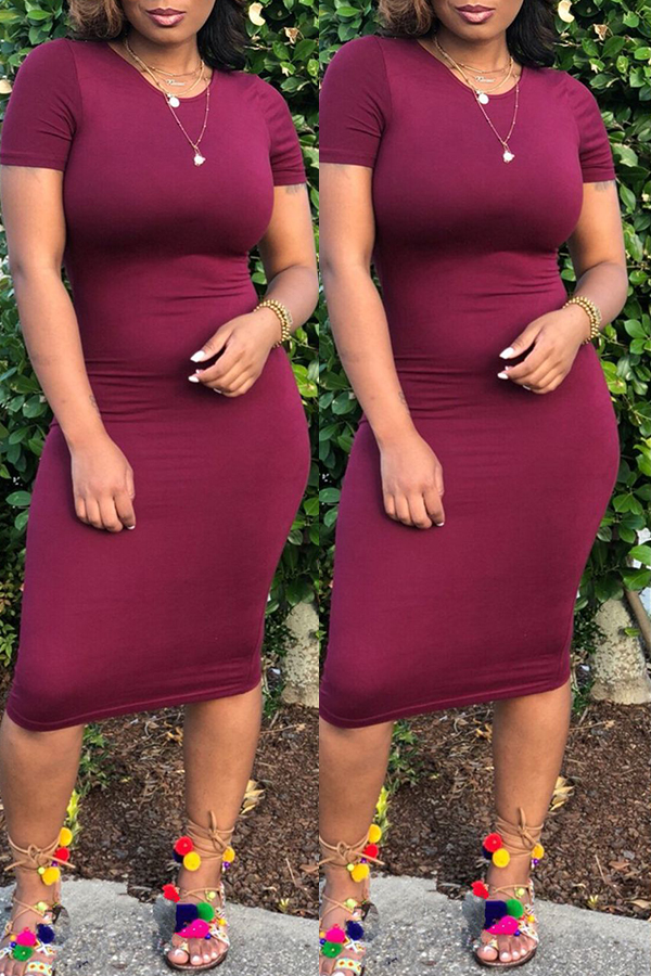 

Lovely Casual Skinny Wine Red Knee Length Dress