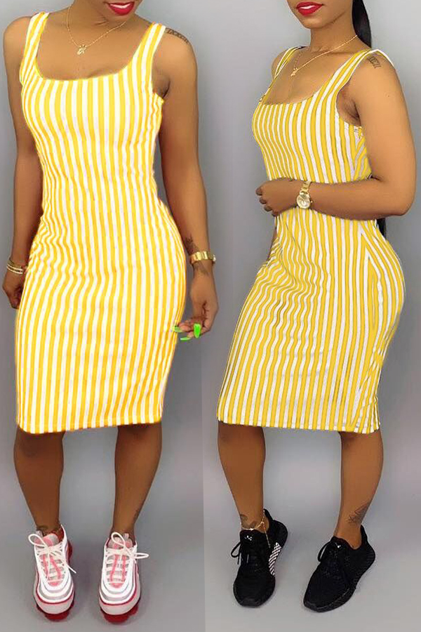 

Lovely Casual Striped Yellow Knee Length Dress(With Elastic)