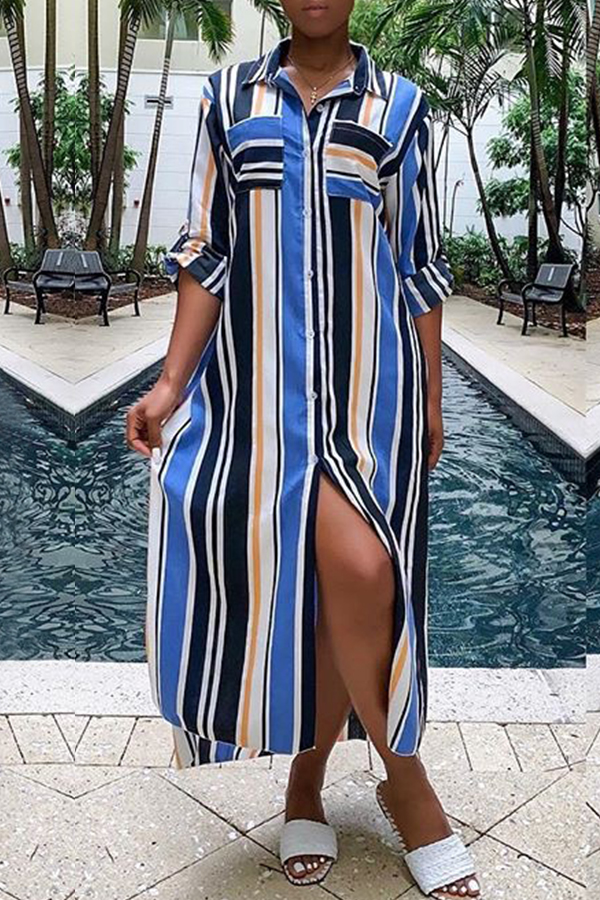 

Lovely Casual Turndown Collar Striped Printed Blue Ankle Length Dress