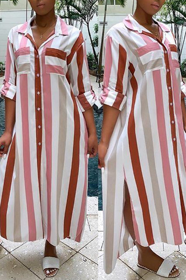 

Lovely Casual Turndown Collar Striped Printed Pink Ankle Length Dress