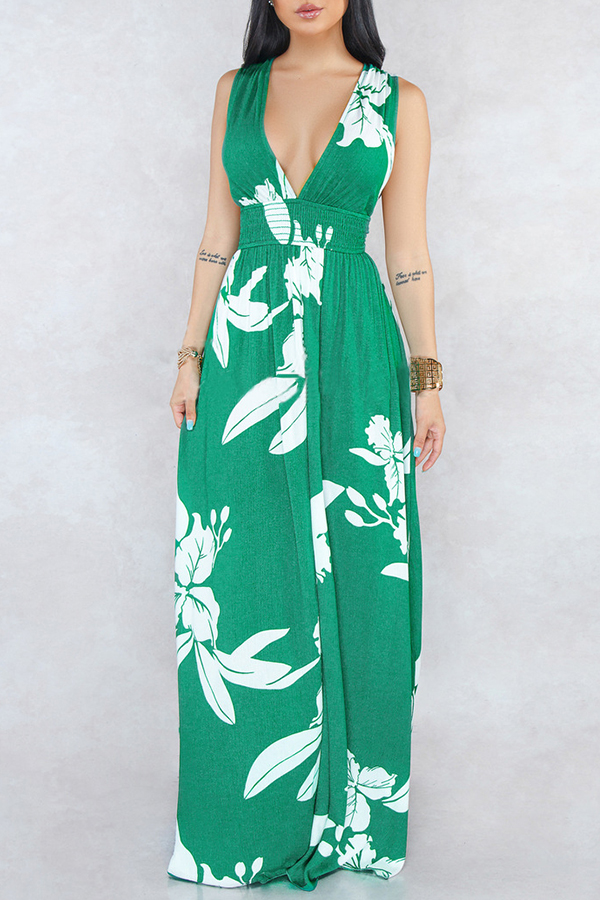 

Lovely Trendy V Neck Printed Hollow-out Green Floor Length Dress