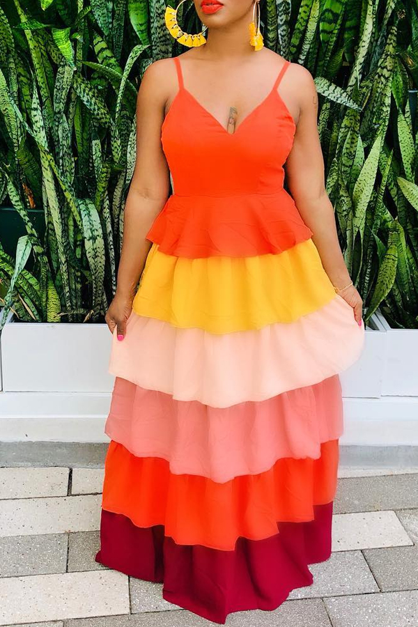 

Lovely Sweet V Neck Patchwork Floor Length Dress