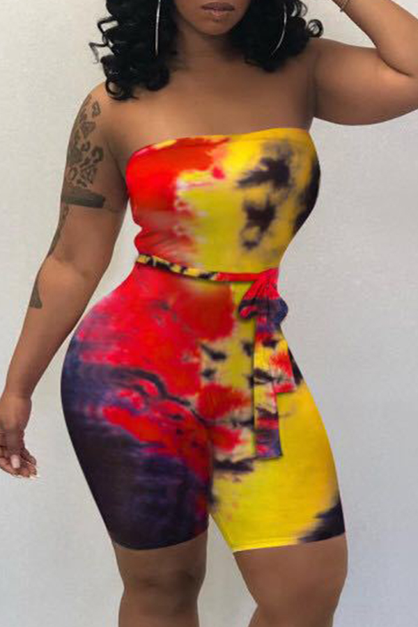 

Lovely Off The Shoulder Tie-dye Red One-piece Romper