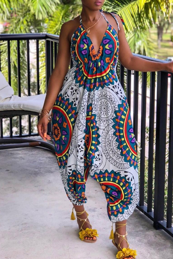 

Lovely Casual Totem Printed White Loose One-piece Jumpsuit