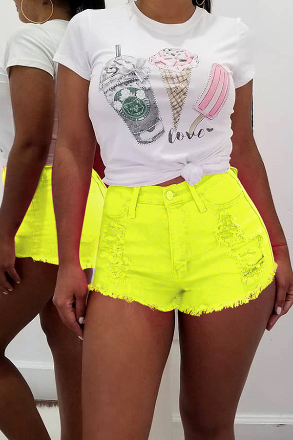 Lovely Casual High Waist Yellow Denim Shorts