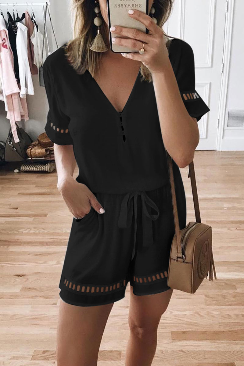 

Lovely V Neck Hollow-out Lace-up Black One-piece Romper