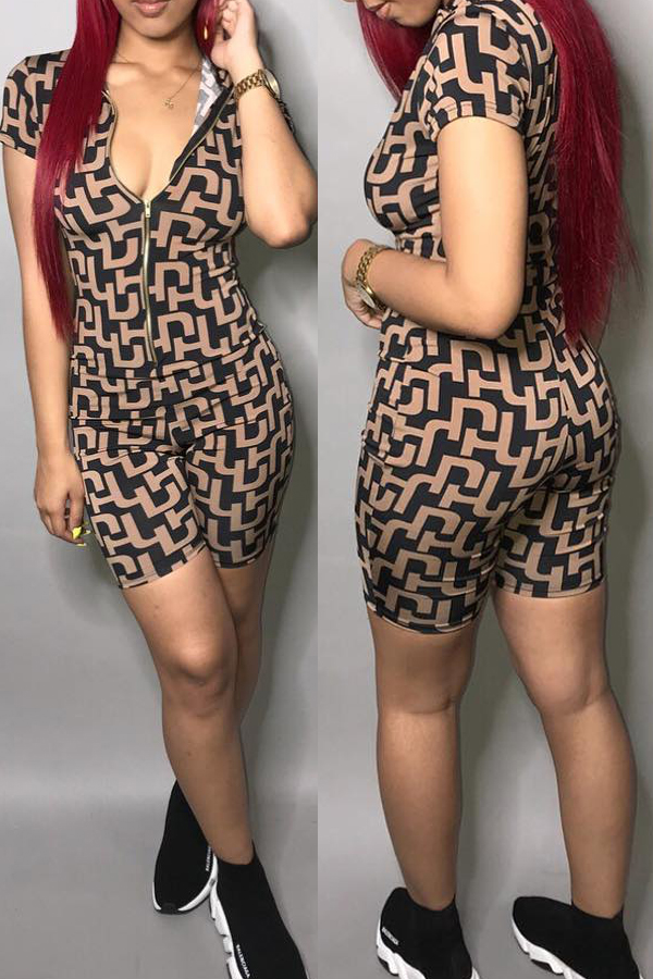 

Lovely Casual Printed Zipper Design Black One-piece Romper