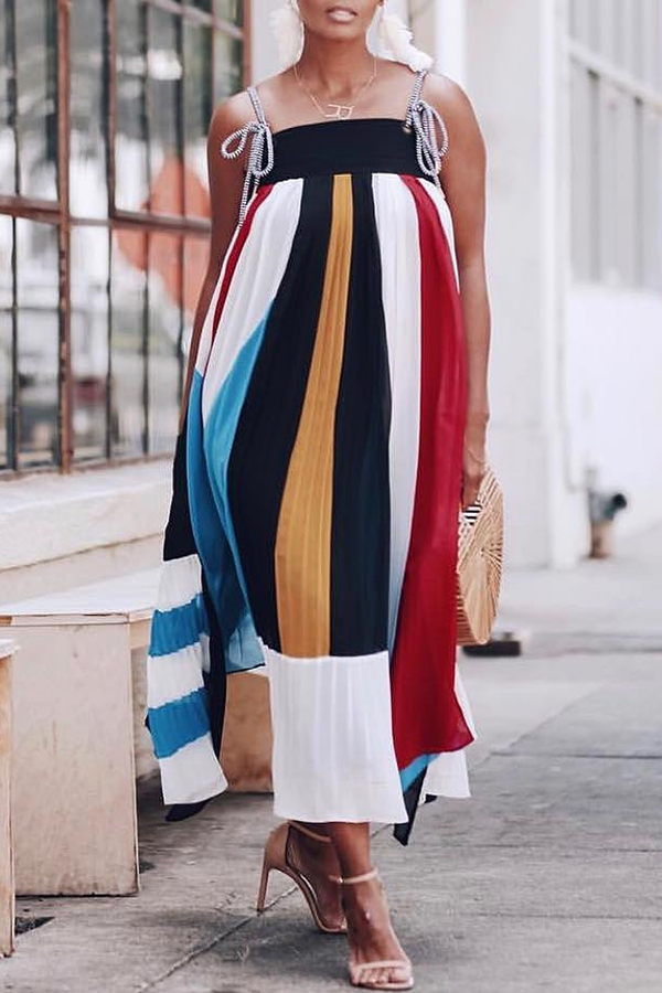 

Lovely Casual Spaghetti Strap Striped Ankle Length Dress