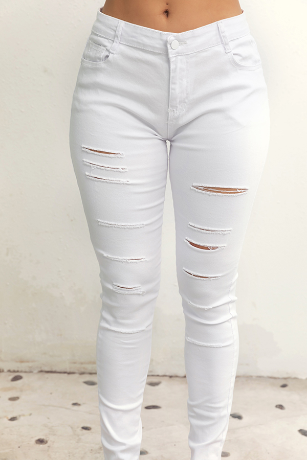 

Lovely Stylish Broken Holes White Jeans