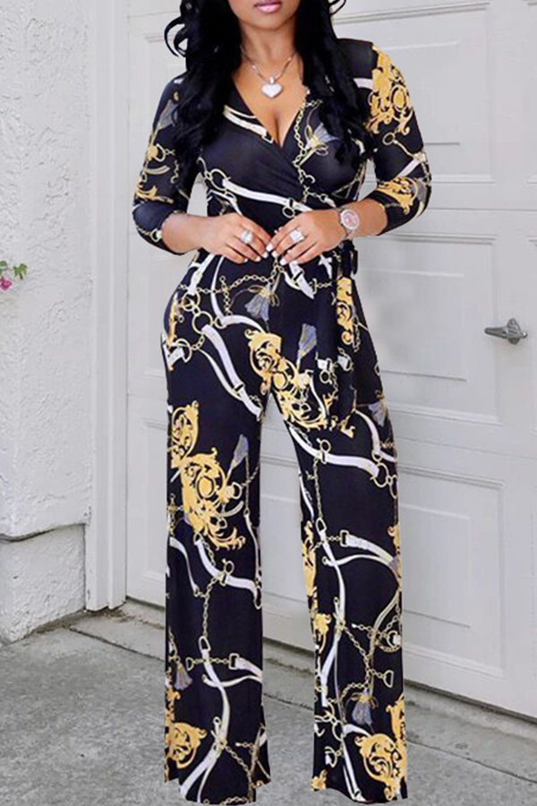 

Lovely Bohemian V Neck Printed Black One-piece Jumpsuit
