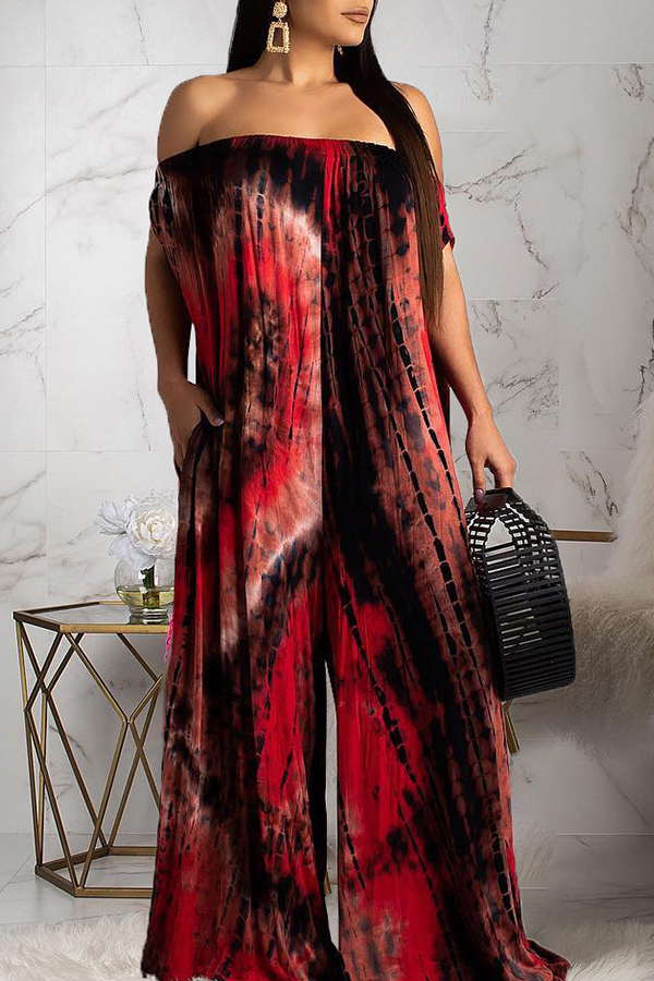 

Lovely Stylish Off The Shoulder Printed Wine Red Loose One-piece Jumpsuit