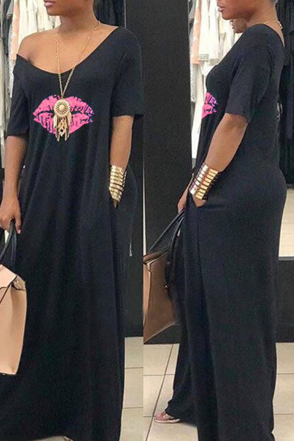 

Lovely Casual V Neck Lips Printed Black Ankle Length Dress