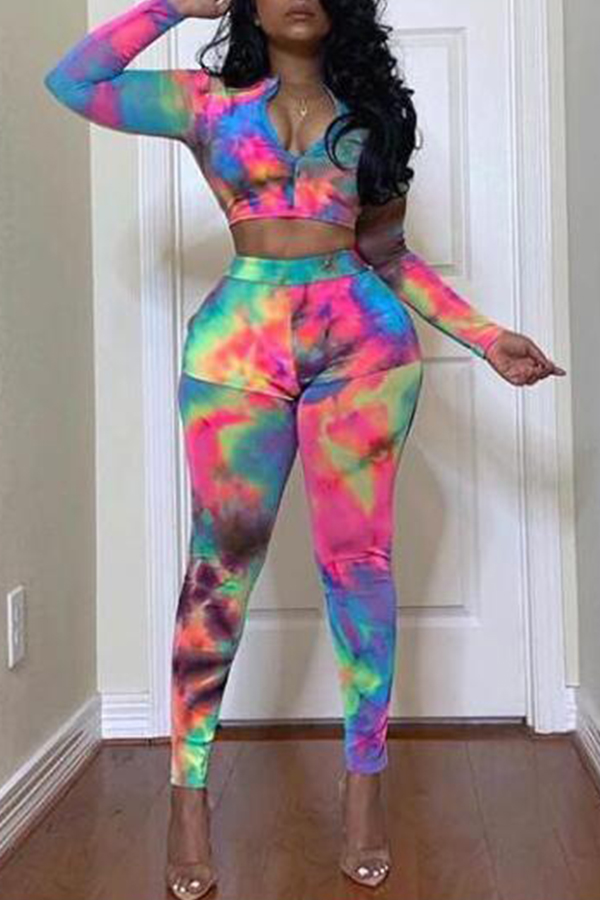 

Lovely Casual V Neck Tie-dye Two-piece Pants Set