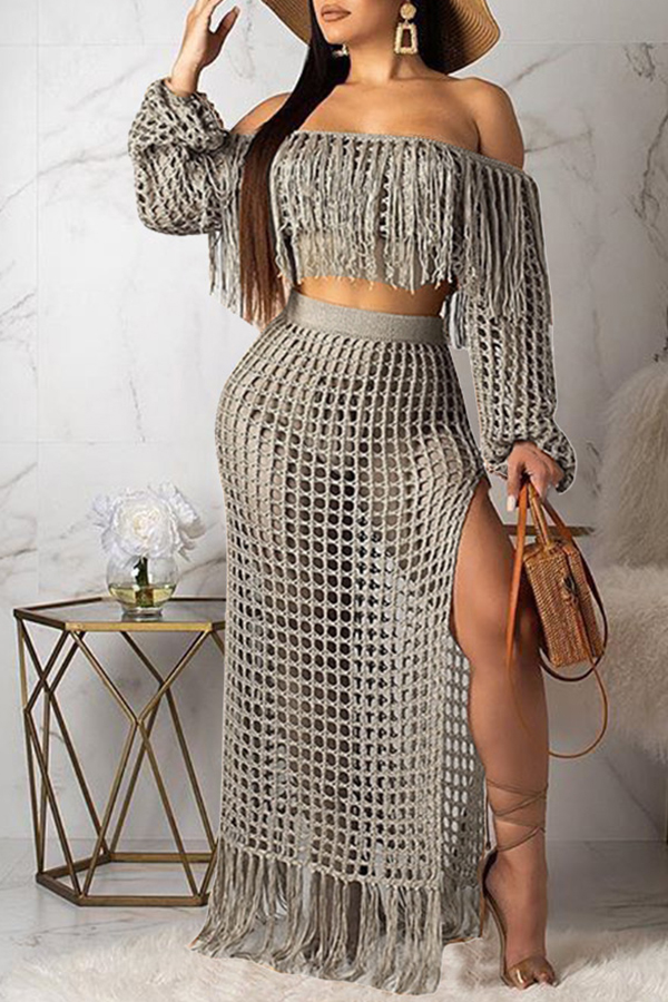 

Lovely Sexy Hollow-out Tassel Design Grey Two-piece Skirt Set(Without Lining)