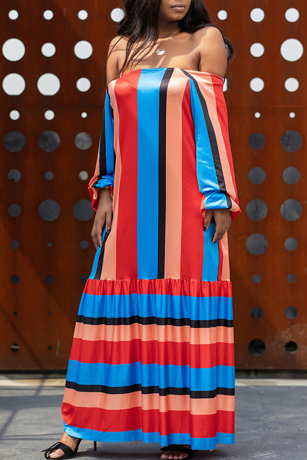 

Lovely Fashion Off The Shoulder Striped Ankle Length Dress