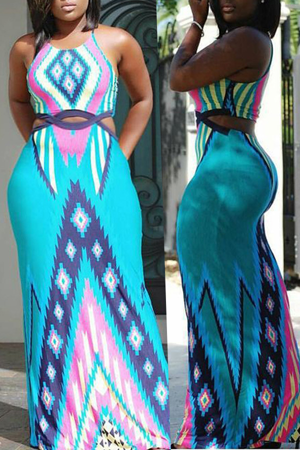 

Lovely Bohemian Printed Blue Floor Length Dress