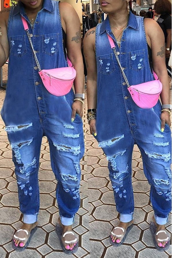 

Lovely Casual Broken Holes Blue One-piece Jumpsuit
